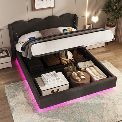 Gepolstertes Doppelbettrahmenpaneel, flache Nudelrahmenhalterung aus Wellpappe, mit LED-Licht, USB+C-Schnittstellenaufladung, 160 cm × 200 cm