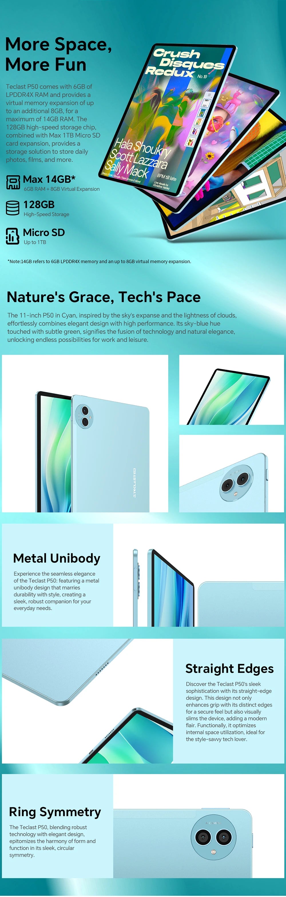 Teclast P50 Android 14 Tablet 11" IPS Max 14GB RAM 128GB ROM Unisoc T606 8-core 13MP Camera 8000mAh Type-C 4G LTE TÜV Rheinland.