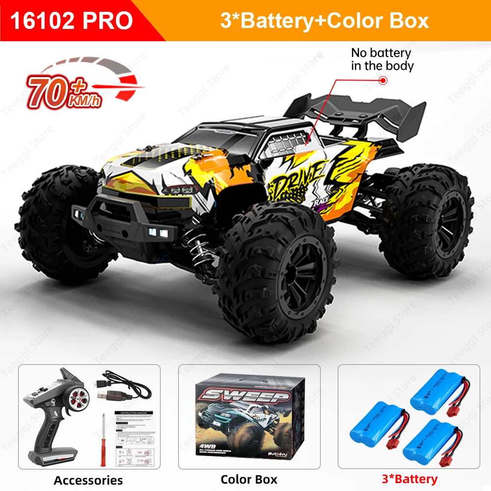 Teeggi 16101 /16102 PRO 1:16 High Speed RC Car With LED Light Drift 70KM/H 4WD RC Off-Road Car Monster Truck Toy For Kid Gifts