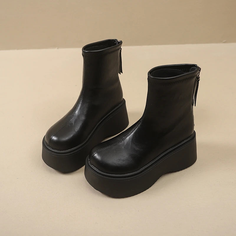 Autumn Winter Chunky Heel Women Short Boots Vintage Round Toe Platform Shoes Ladies Short Plush Gothic Ankle Booties