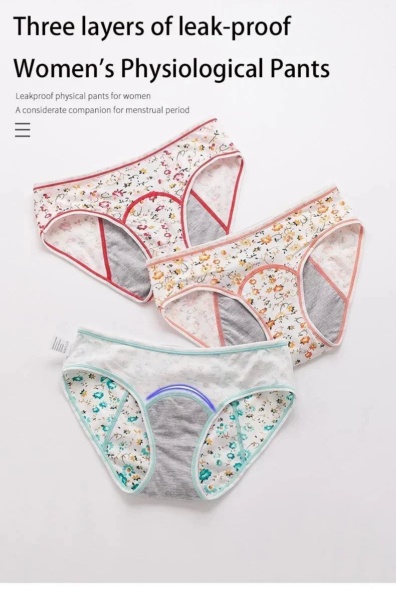 3pcs girl 's Pure Cotton Menstrual Leak-Proof Breathable Briefs Three Layers teenager Physiological Student Mid Waist Pantie.