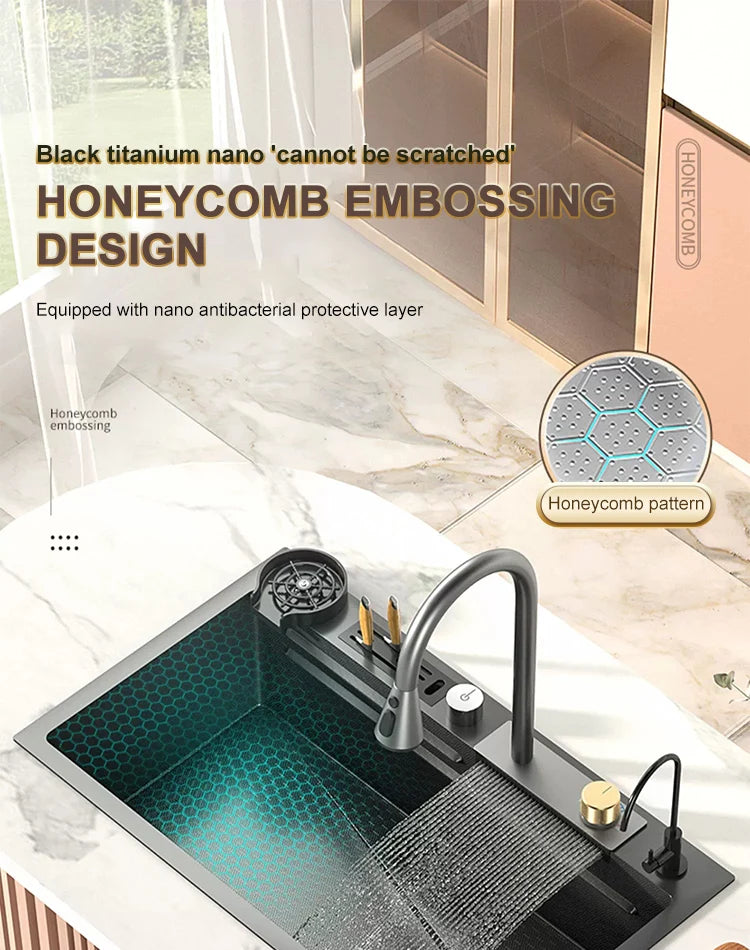 Large Single Slot Embossed Stainless Steel Waterfall Kitchen Sink  Household Wash basin Dishwashing  Sink For Kitchen