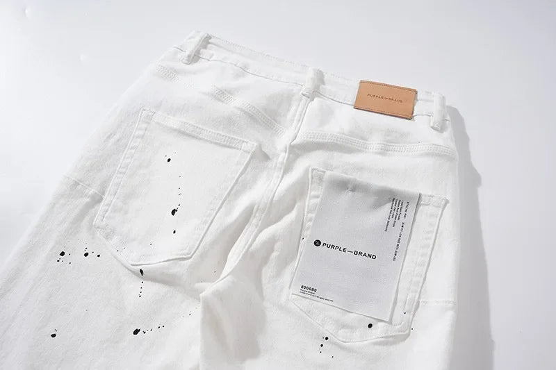Purple Brand Men's Casual Straight Leg Jeans Distressed Dye Spill Hole American Street Style High Street Long Pants.