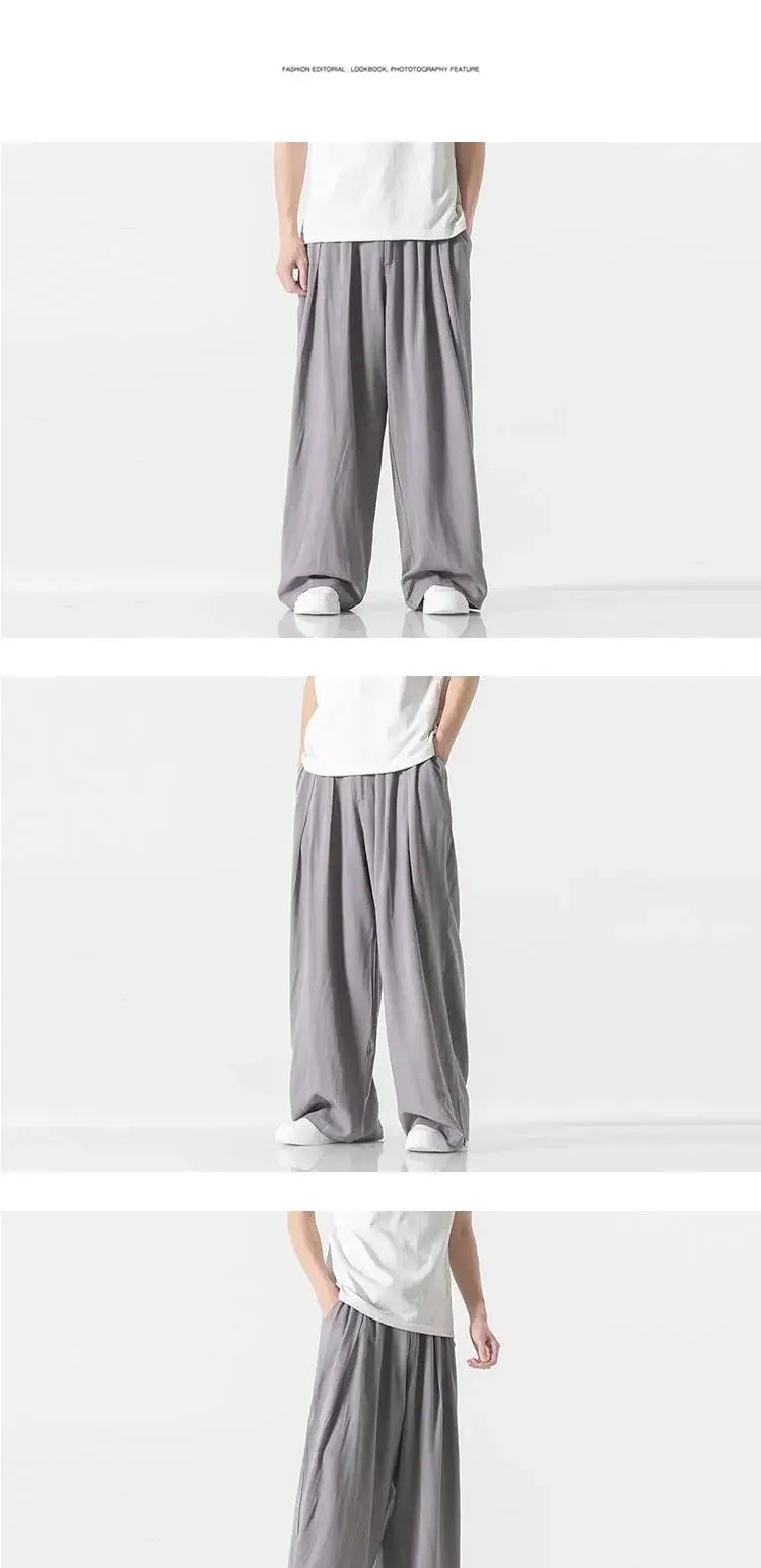 Hanfu Spirit Draped Linen Pants For Men Straight-leg Casual Trousers Chinese Style Loose-fit Ancient Wide-leg Song Trousers.