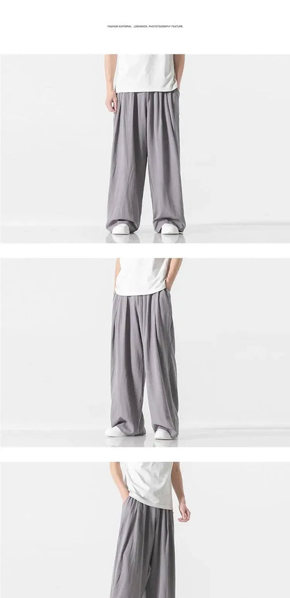 Hanfu Spirit Draped Linen Pants For Men Straight-leg Casual Trousers Chinese Style Loose-fit Ancient Wide-leg Song Trousers.