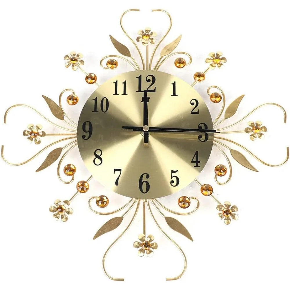 3D-Digital-Wanduhr, Quarz, moderne Blume, Diamant-Dekoration, analoge Uhr, Metalluhr für Wohnzimmer, Schlafzimmer, Gold