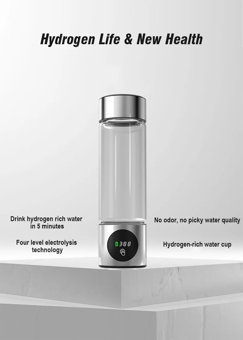 Portable Performance Hydrogen Water Generator Bottle SPE+PEM Dual Chamber lonizer + PPB&Time Display Electrolytic Hydrogen Water.