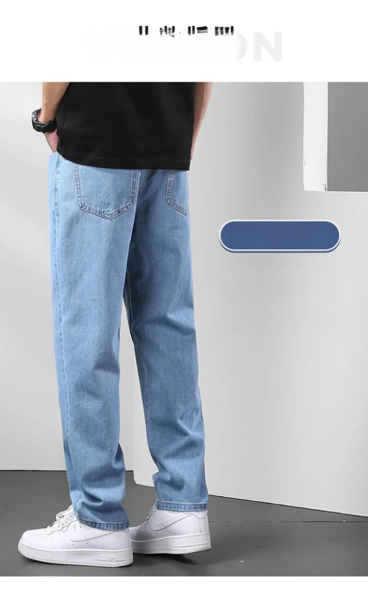 Light Blue American Retro Jeans Men Soft Loose Straight Cylinder High Street Workwear Casual Loose Legs Pants.