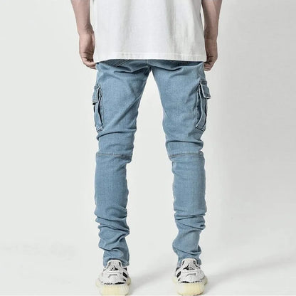 Street Elastic Jeans Men Denim Cargo Pants Wash Solid Color Multi Pockets Casual Mid Waist Trousers Slim Fit Daily Wear Joggers.