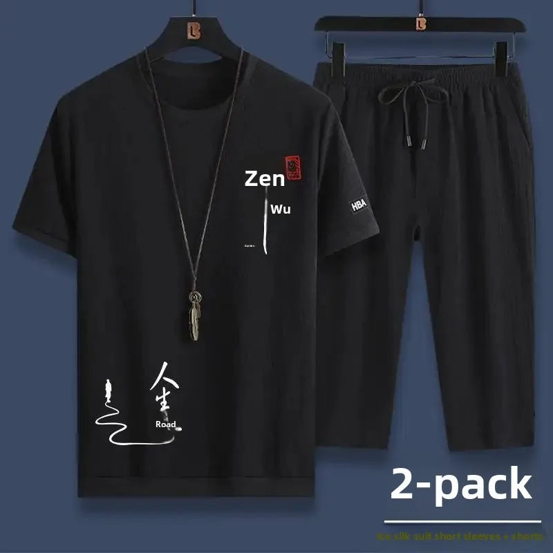 Summer Casual Ice Silk Short Sleeve T-Shirt Shorts Set for Men Fashionable Two-Piece Outfit Lightweight Sportswear Combo