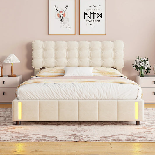 Rosahqnda Polsterbett 160 x 200 cm, Doppelbett mit LED, hydraulisches Stauraumbett, geeignet für Schlafzimmer, Mädchen, Erwachsene, Beige, Samt