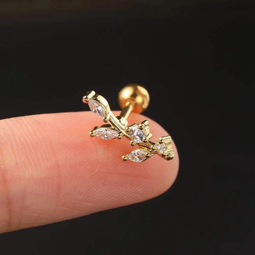 1PC New Curved Cz Cartilage Stud Moon Leaf  Helix Rook Conch Screw Back Earring Stainless Steel Bar Ear Piercing Jewelry.