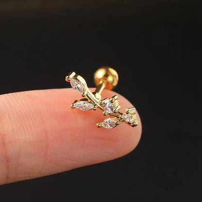 1PC New Curved Cz Cartilage Stud Moon Leaf  Helix Rook Conch Screw Back Earring Stainless Steel Bar Ear Piercing Jewelry.