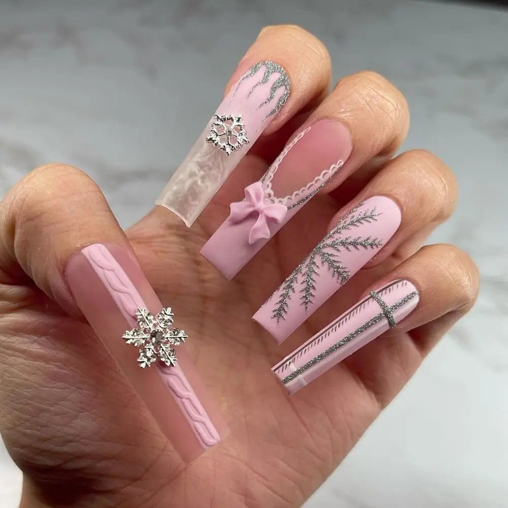 24Pcs Ballet Square Pink Press on Bow Nails 3D Flower with Bandage Design French Nail Tips for Women&Girls Daily,Spring wear