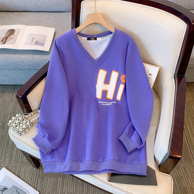 150kg plus size Damen büste Herbst Frühling loser V-Ausschnitt Brief druck Langarm Sweatshirt 6xl 7xl 8xl 9xl 10xl.