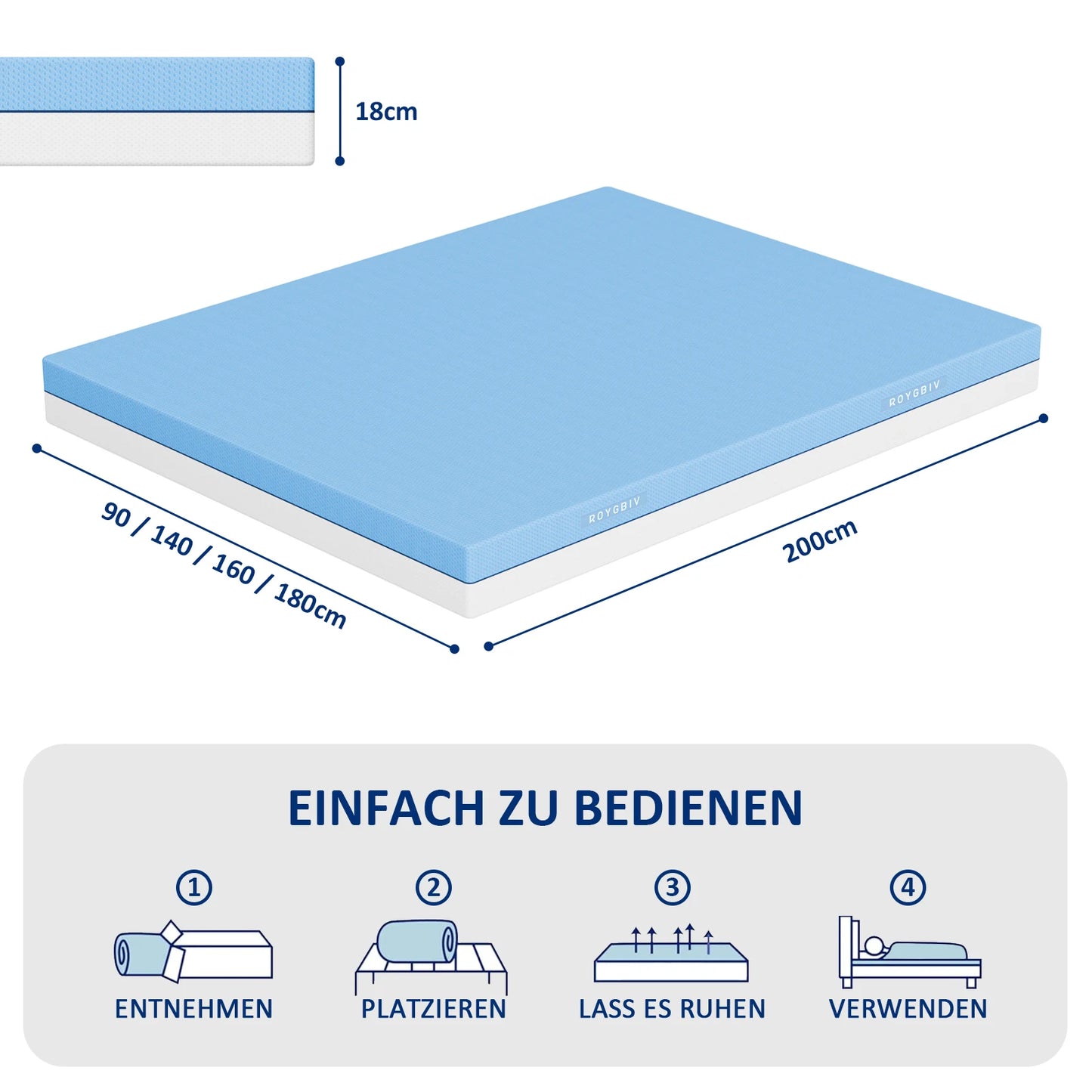 Komfortschaummatratze 180×200×18 cm, wendbar, Memory-Schaum, kühlender Bezug, Härte H3/H4, 18 cm hoch, 7-Zonen Unterstützung