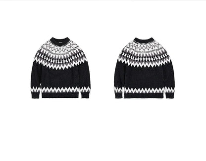 Maden Vintage Heavyweight Fair Isle Icelandic Sweater Round Neck Jacquard Bottom Knitwear Thickened Warm Pullovers for Christmas.