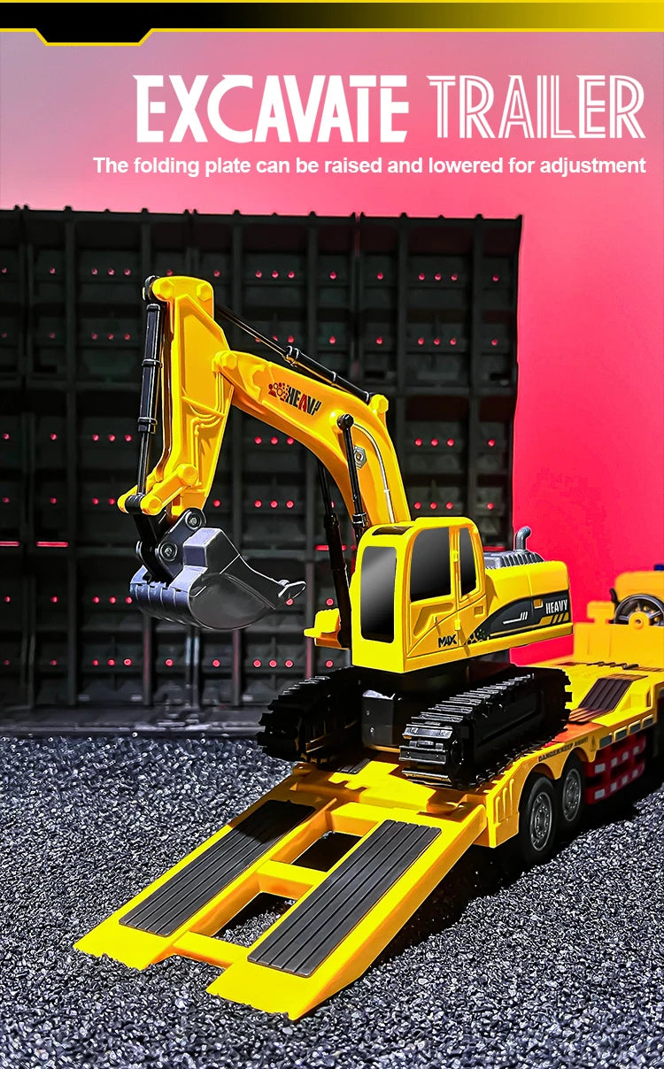 2 In 1 Rc Truck Combination Set Trailer Flat Trucks with 11Ch Excavator Engineer Vehicle 2.4G Remote Control Car Christmas Gifts.