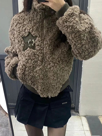 Winter Lamm Wolle Vintage Jacke Frauen Stehen Kragen Faul Wind Casual Zipper Mäntel Langarm 3D Dekoration Lose Geerntete Jacken.