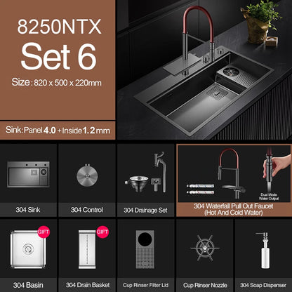 ASRAS New Waterfall Faucet Kitchen Sinks Nanometer Large Size 4mm Panel Handmade Sinks Cup Rinser Kitchen Sinks