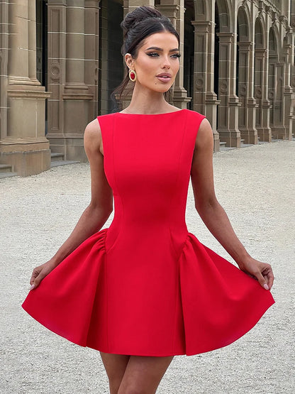 DGLUKE Elegantes rotes Minikleid für Damen, U-Boot-Ausschnitt, ärmellos, hohe Taille, A-Linien-Kleid, rückenfrei, plissiert, kurze Abschlussball-Party-Kleider.