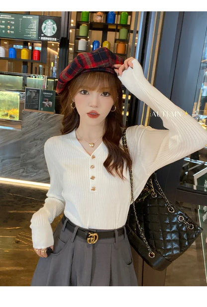 2023 herbst Winter Frauen Pullover Beiläufige Dünne Taste Gestrickte Pullover Pullover Femme Grundlegende Solide Jersey Tops Mode Kleidung