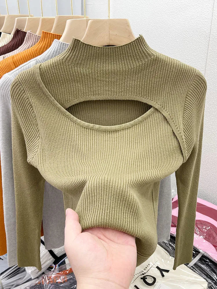 2025 weibliche Casual Pullover Herbst Winter Sexy Aushöhlen Frauen Pullover Schlank Vintage Jumper Weiche Warme Pull Gestrickte Pullover Tops