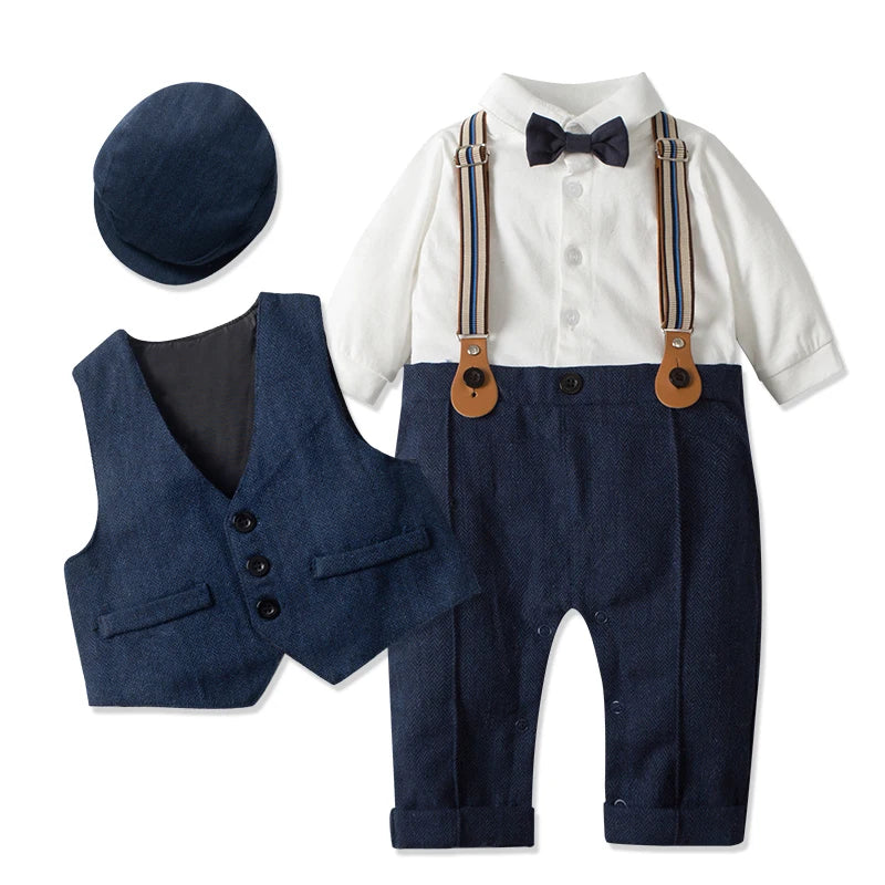 Newborn Boy Formal Clothes Set Infant Boy Gentleman Birthday Romper Outfit With Hat Vest Long Sleeve Infant Jumpsuit Suit Formal.