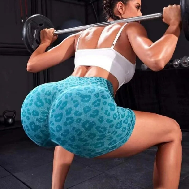 Women Leopard Print Shorts Slim Seamless Leggings High Waist Sexy Hip Liftting Knit Gym Running High Elastic Yoga Shorts.