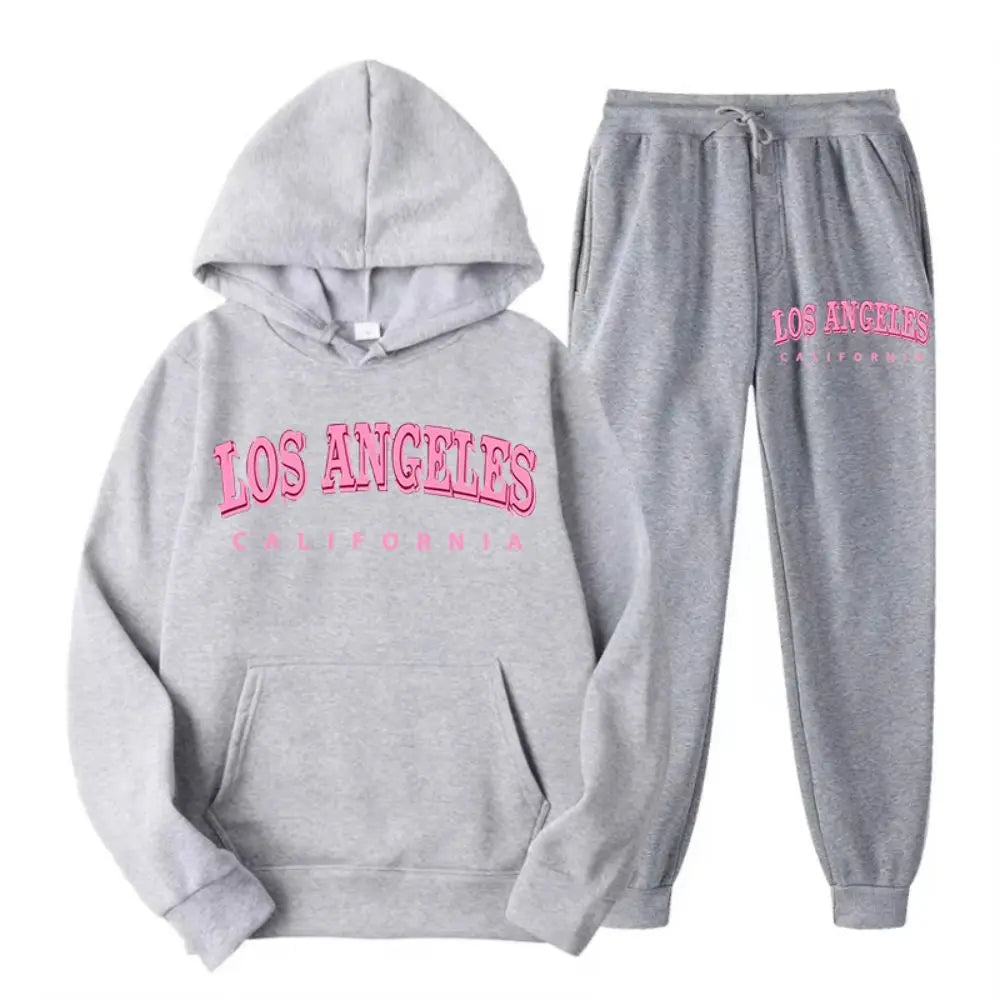 Two Piece Set Street Womens Hoodie & Pants Fleece Pocket Loose Pullover Los Angeles California Print Clothes Fashion Sportswear.