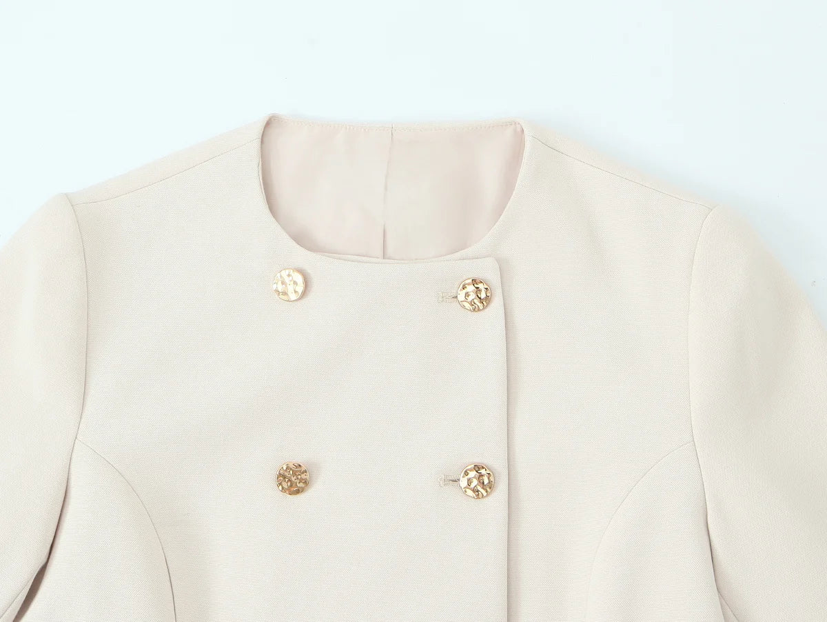 HH Women Solid Pant Set Long Sleeve O-Neck Double-Breasted Blazers+High Waist Chain Matching Side Zipper Trousers Sets.