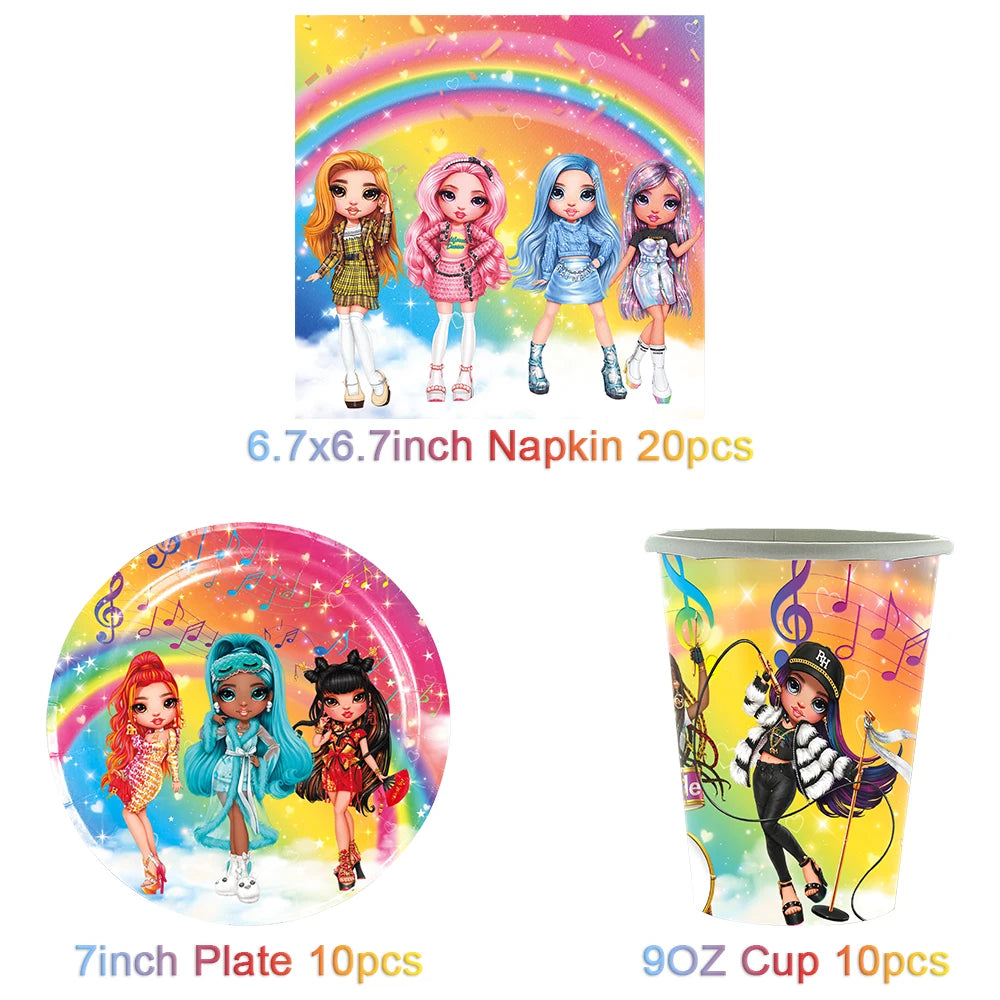 Cartoon Regenbogen Puppe High School Thema Hintergrund Geburtstag Party Dekoration Lieferungen Einweg Tasse Besteck Ballon Baby Geschenk
