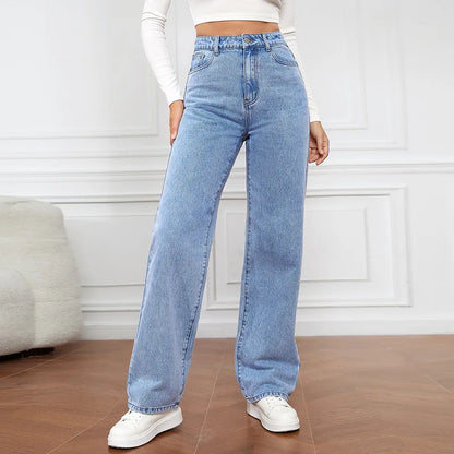 Fashion retro blue jeans women y2k High street baggy straight pants High waisted all-in-one slim pants.