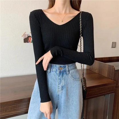 2025 einfarbig Schlank Pullover Koreanische Herbst Winter V-ausschnitt Pullover Mode Lässig Langarm Gestrickte Pullover Frauen Kleidung