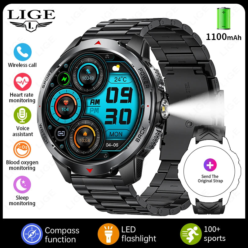 LIGE New 1100mAh Battery Smart Watches For Man Outdoor Sport LED Flashlight Compass Men’s Smartwatch Bluetooth Call Men Watches