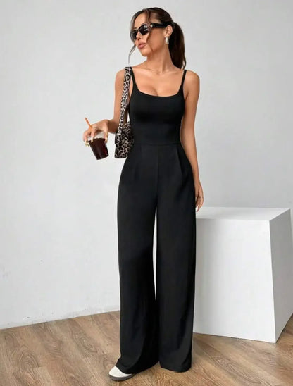 Fashionable Solid Color High Waist Bell Bottom Jumpsuit Backless Strap Casual Women's Long Pants One Piece Suit Female.