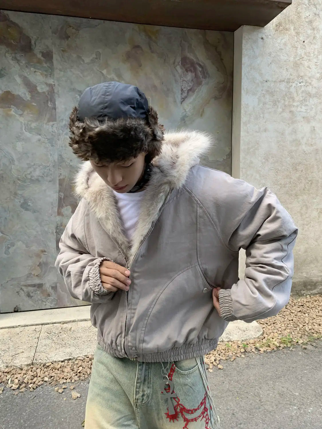 American Retro Woolen Collar Hooded Cotton Jacket Winter Thick Plush Top Men Street Hip-Hop Gothic Harajuku Oversize Jacket Coat.