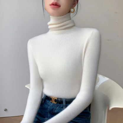 2025 herbst Winter Rollkragen Warme Jumper Lässig Feste Dünne Strickjacke Frauen Langarm Gestrickte Pullover Einfache Basis Schicht Top