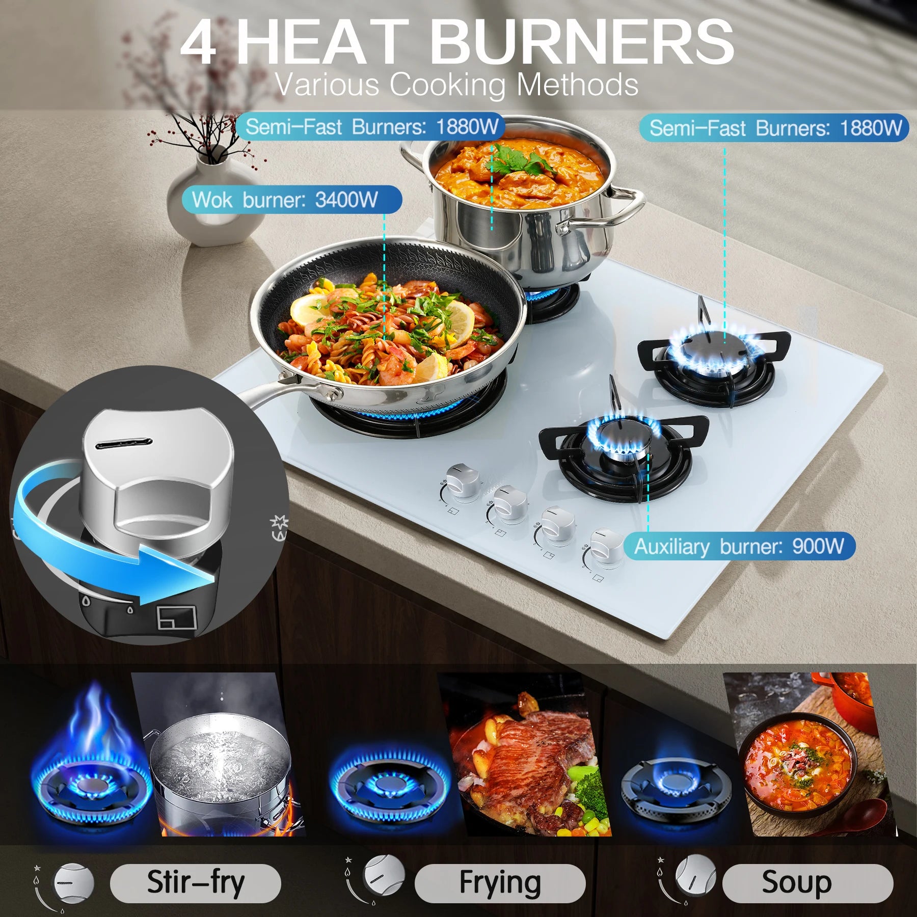 4-Burner Glass Ceramic Built-in Natural gas Propane gas New White Gas hob.