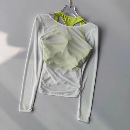 Sexy Mesh Slimming Yoga Suit for Women, Gathering Together, Sports Bra, Two Pieces, Quick Dry Training, Pilates Cover Up Blouse.