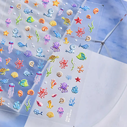 Ocean Theme 5D Nail Sticker Summer Beach Seashells Starfish Conch Scallop Shell Coral Self Adhesive Decoration Manicure Decal