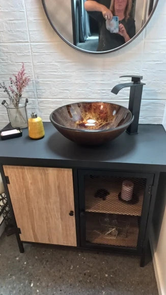 KEMAIDI Waschbecken mit Wasserhahn-Abfluss-Kombination aus gehärtetem Glas, 43,2 cm rundes Waschbecken, braunes Badezimmer-Schüsselwaschbecken über dem Waschbecken