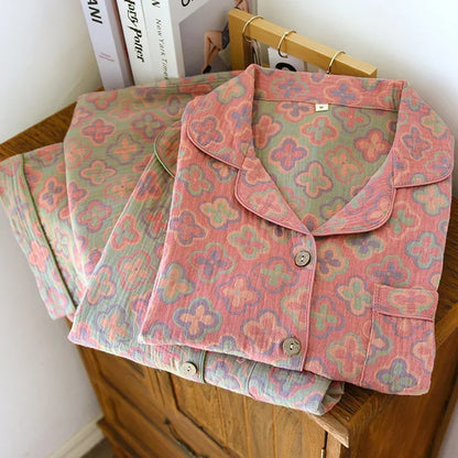 100% Cotton Crepe Homeclothes 2023 Autumn/Winter Women's Pajamas Suit Long-Sleeved Trousers 2-piece Yarn-Dyed Jacquard Pajamas.