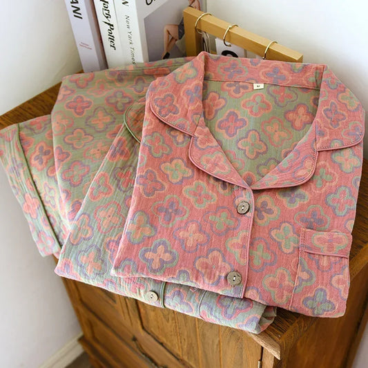 100% Cotton Crepe Homeclothes 2023 Autumn/Winter Women's Pajamas Suit Long-Sleeved Trousers 2-piece Yarn-Dyed Jacquard Pajamas.