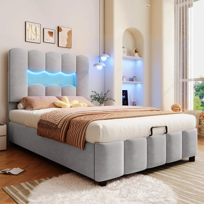 Modernes Polsterbett, 90 x 200 cm, ohne Matratze, LED-Beleuchtung, mit hydraulischem Gerät, verstellbarer Kopfteil, Samt, Grau