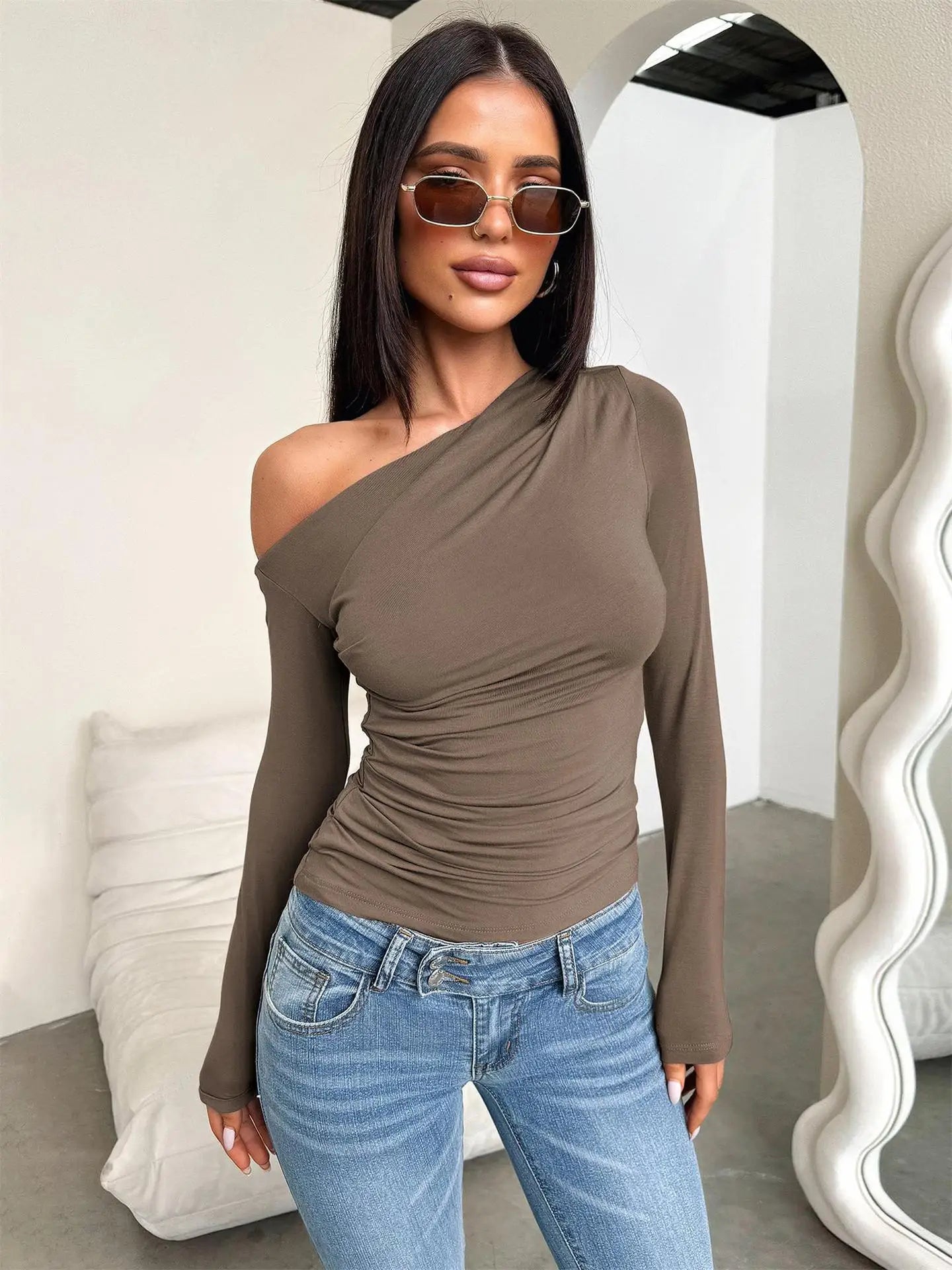 2025 New Spring Women's Casual Long Sleeve Boat Neck Off Shoulder Slim Fit Crop Top Going Out Blouses Y2K Tight Shirts Autumn.
