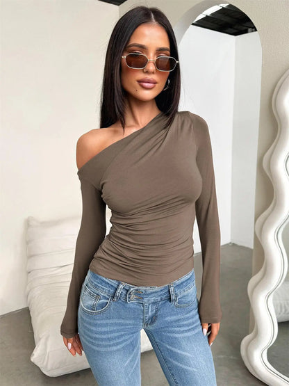 2025 New Spring Women's Casual Long Sleeve Boat Neck Off Shoulder Slim Fit Crop Top Going Out Blouses Y2K Tight Shirts Autumn.