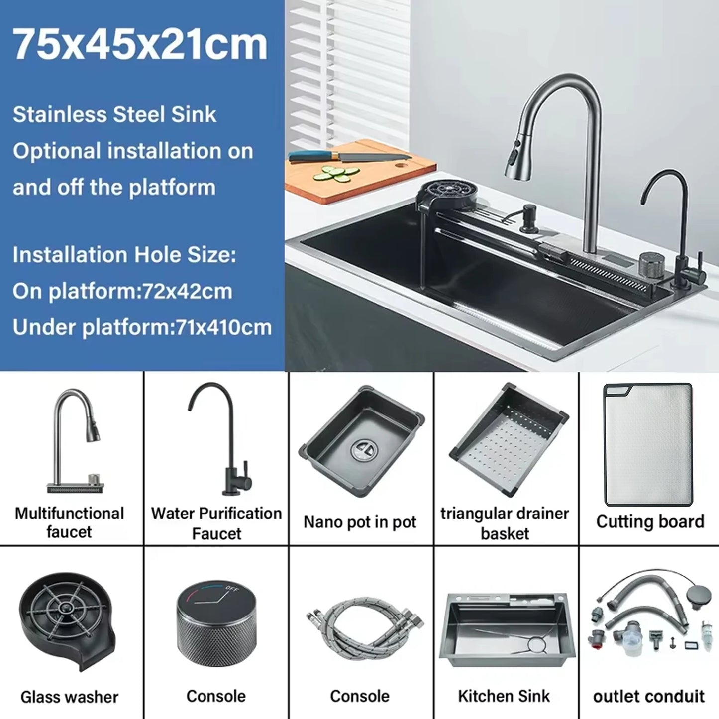 304 Stainless Steel  Multifunctional Kitchen Sink Faucet Set Rainfall Spout Pull Out Sprayer Pure Tap Cold Hot Water Mixer