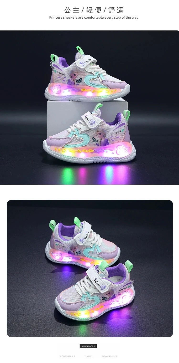 Disney Children Led Shoes Kids Girls Sneakers Frozen Elsa Princess Lighting Shoes Pink Purple Casual Sports Shoes Size 21-31.