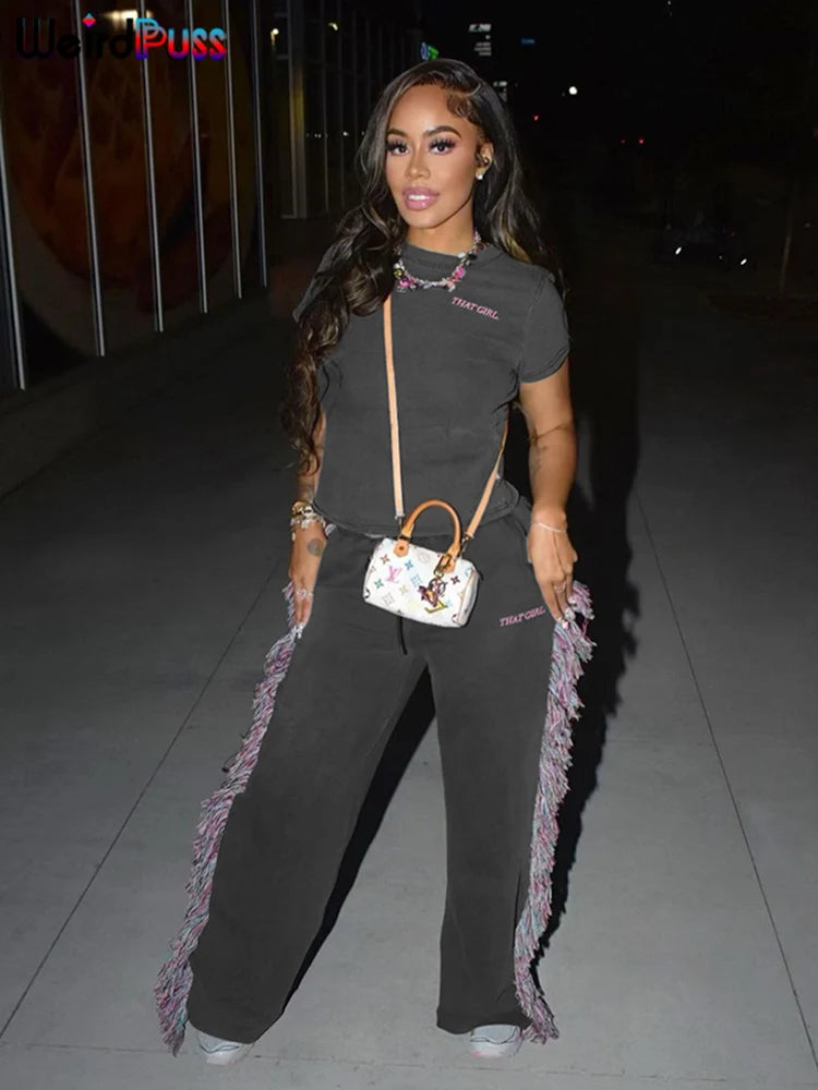 Weird Puss Casual Sporty 2 Piece Set Women Letter Embroidery Crop Tops+Side Tassel Straight Pants Matching Streetwear Tracksuits.